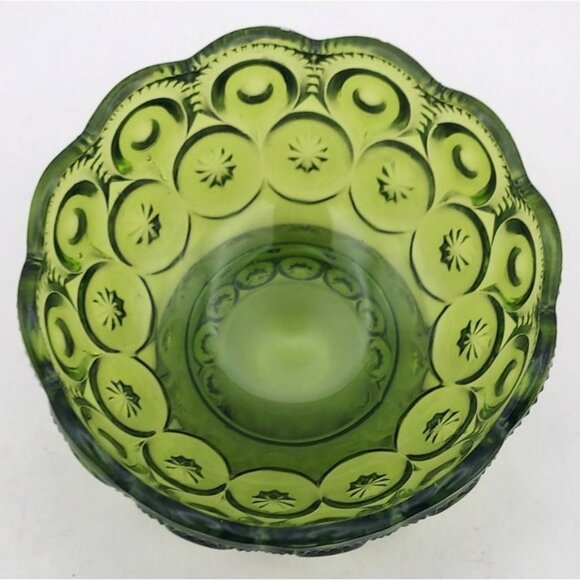 Vintage L E Smith Avocado Green Moon & Stars Small Glass Footed Candy Bowl - Picture 2 of 6